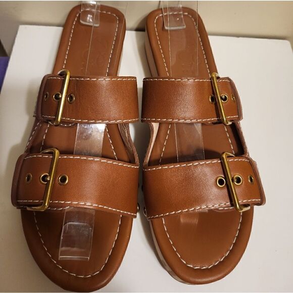 J. Crew Cognac Leather Double Strap/Buckle Wood Sole Sandals Sz.6 MSRP $188 - Picture 6 of 8
